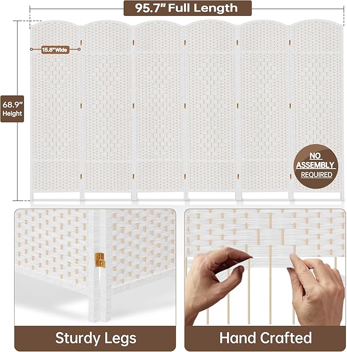 DURASPACE 6 Panel Room Divider, 6ft Tall Folding Privacy Screen, 360°Rotation, Hand-Woven Freestanding Wood Partition for Room Separation