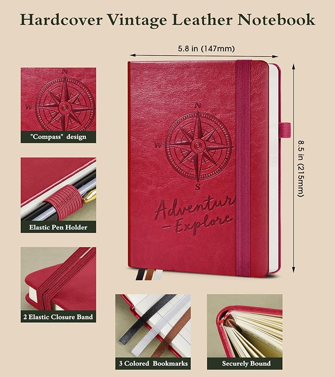 PAIBAS Lined Journal Notebook for Women Men, 160 Pages, A5 Hardcover Vintage Leather Journaling Notebooks for Work, School, Note Taking, Travel, Bible Study,Daily Diary for Writing 5.8"x8.5"(Burgundy)