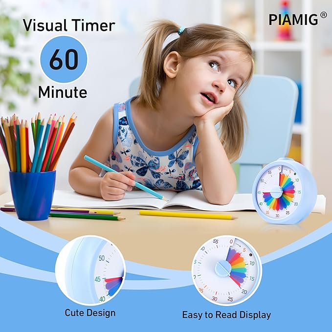Visual Timer, 60-Minute Countdown Timer for Kids and Adults with Adjustable Volume, Rainbow Design Time Management Tools with Silent Operation, Suitable for Classroom, Office and Home (Blue)