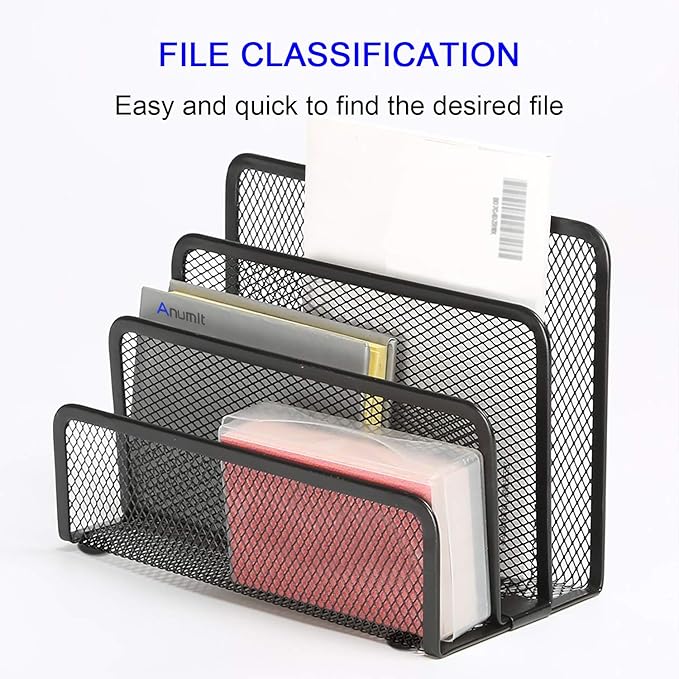 Anumit Desk Mail Organizer, File Holder Letter Sorter with 3 Vertical Upright Metal Mesh Compartments Document, Filing, Folders, Mail, Paper Organizer for Home or Office Desktop (2PCS)