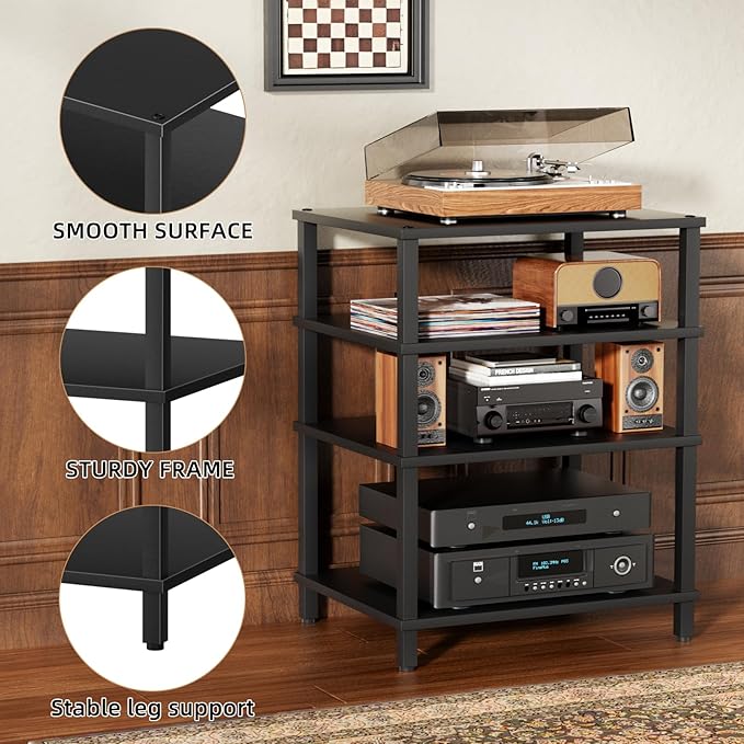 4-Tier AV Media Player Stand, Black Stereo Cabinet, Modern Stereo Cabinet, Wooden TV Stand,Game Console Shelf, Multifunctional Entertainment Center, Suitable for Home, Conference Room, Game Studio