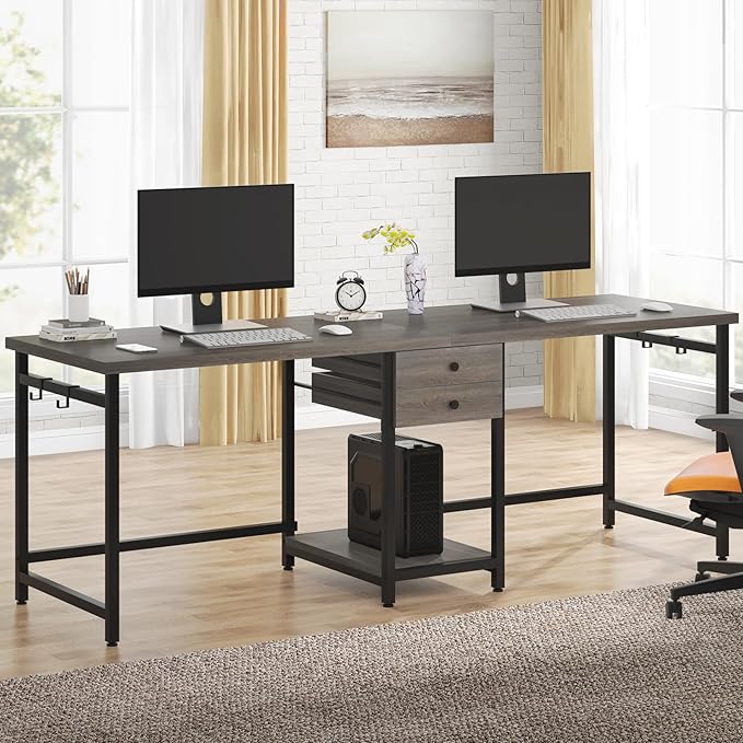 Tribesigns 79 Inch Extra Long Desk, Two Person Desk with 2 Drawers, Double Computer Table with Storage Shelves, Writing Table for Home Office, Grey