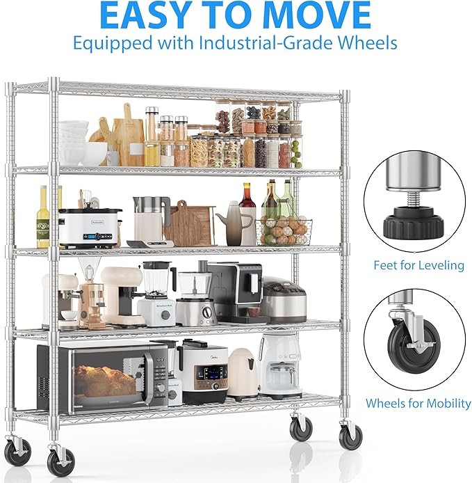 Homdox 5 Tier Heavy Duty Metal Wire Shelving with Wheels, 3000 lbs Capacity Garage Storage Rack, Rolling Industrial Storage, Adjustable Commercial Shelves for Kitchen, Warehouse, 18"x60"x82", Chrome