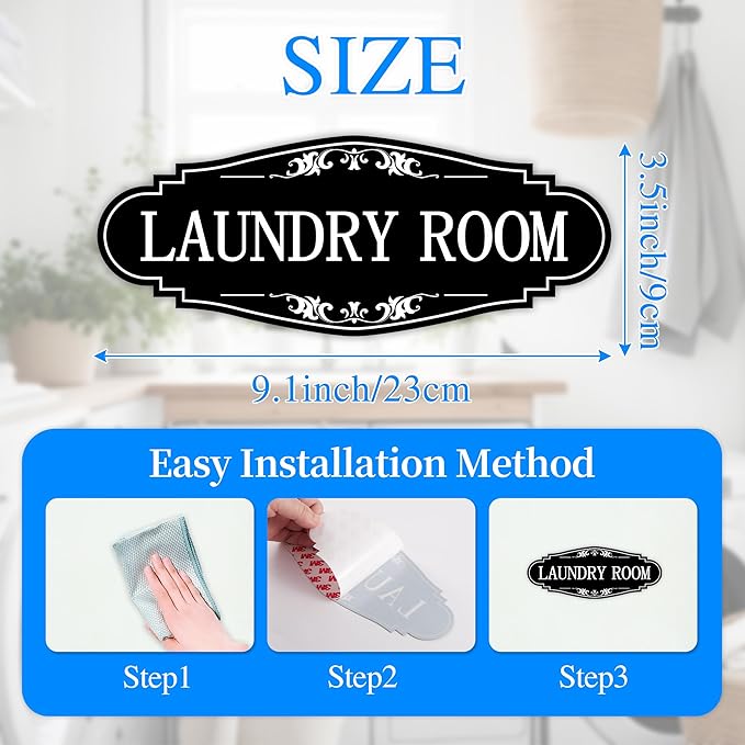 Laundry Room Door Sign for Business and Home，Self-adhesive Waterproof Cute Laundry Room Door Sticker Decals for House, Apartment, Hotel Laundromat Decor（Black）
