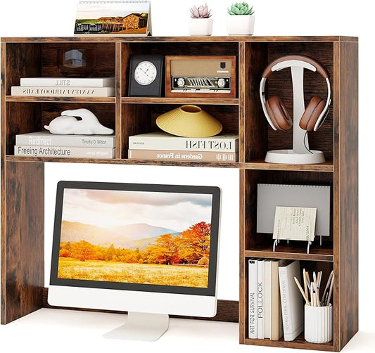 Tangkula Desktop Bookshelf, 37" Countertop Storage Hutch with 7 Cubes & 3 Adjustable Shelves, 3-Tier Desk Display Rack Organizer, Multipurpose Wood Desktop Hutch for Dorm Home Office (Rustic Brown)