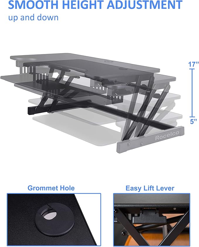 Rocelco 37.5" Deluxe Height Adjustable Standing Desk Converter with Dual Monitor Mount BUNDLE - Quick Sit Stand Up Computer Workstation Riser - Large Retractable Keyboard Tray - Black (R DADRB-DM2)