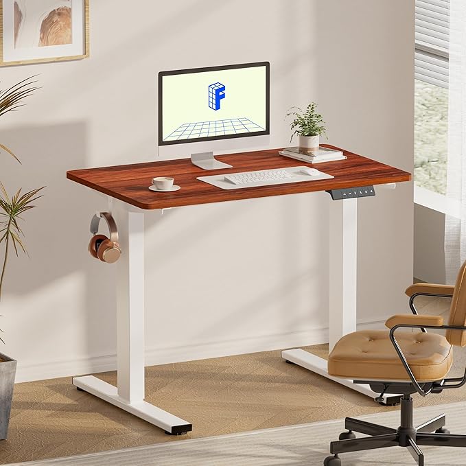 FLEXISPOT EN1 One-Piece Standing Desk with 1-Inch Thick Seamless Desktop, 40"x24" Electric Height Adjustable Desk for Home Office, Multi-Monitor Setups & Easy Assembly, Mahogany