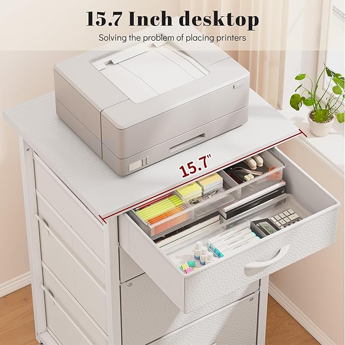 4 Drawers Mobile File Cabinet Vertical Filing Cabinet with Fabric Drawer Fits A4/Letter Size Printer Stand for Home Office，White