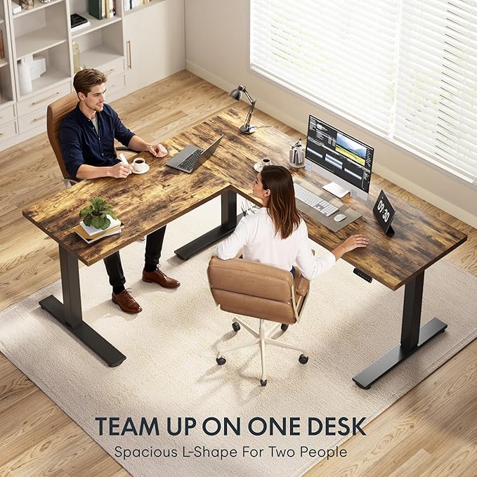 FLEXISPOT L Shaped Standing Desk, 71 x 63 Inch Electric Height Adjustable Corner Desk, Sit Stand Computer Workstation, Preset Controller, Home Office, Black Frame with Rustic Brown Top