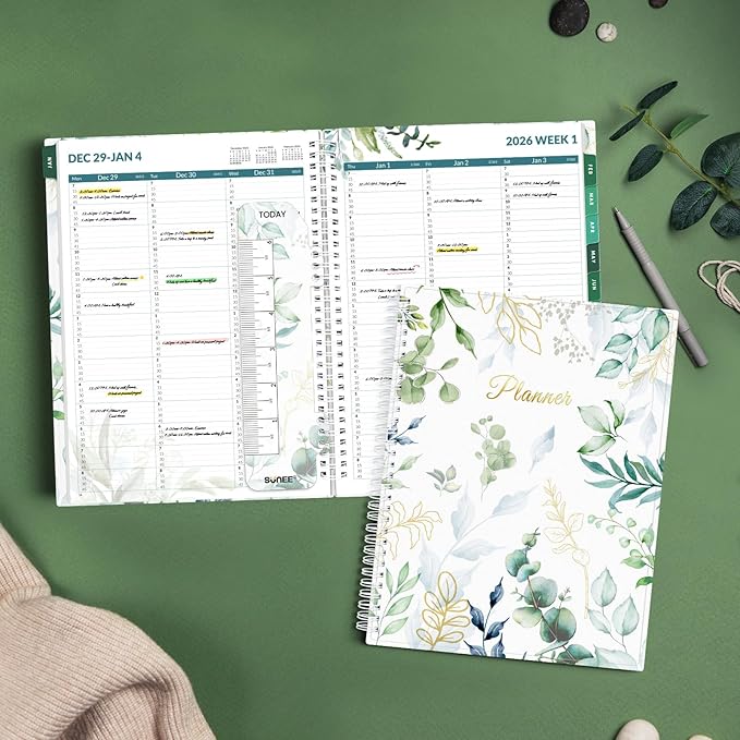 SUNEE 2026 Appointment Book, Quarter-Hourly, Weekly & Monthly - from January 2026 - December 2026, 8.5"x11" Weekly Planner, Flexible Cover, Note Pages, Pockets, Bookmark, Spiral Binding, Greenery