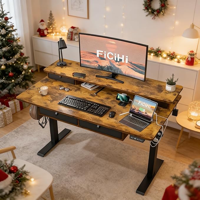 FiCiHi Adjustable Height Standing Desk with 4 Drawers,63 x 30 inches Electric Sit Stand Home Office Desk with Two Tiers, 3 Memory Presets, Monitor Stand Riser, USB A/C Charging Port