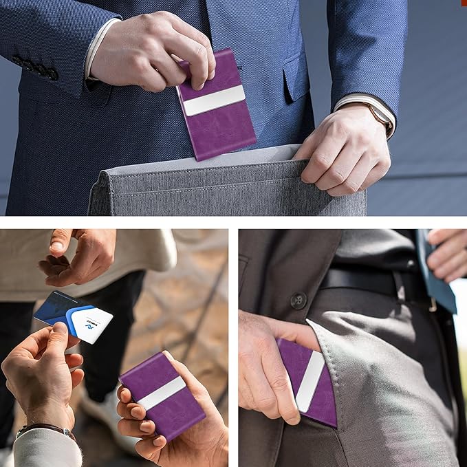 Business Card Holder for Women or Men, Business Card Case with PU Leather and Stainless Steel, Slim Metal Case with Magnetic Closure for Business Meeting Use