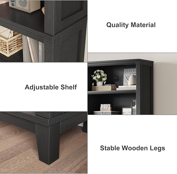 IDEALHOUSE 71" Farmhouse Bookshelf w/Adjustable Shelves & 31.5 in Whidth, 5 Tier Tall Bookshelf with Wooden Legs, Vintage Wooedn Book Shelf for Living Room Office (Black, 71.3" H x 31.5" W x 11.8" D)