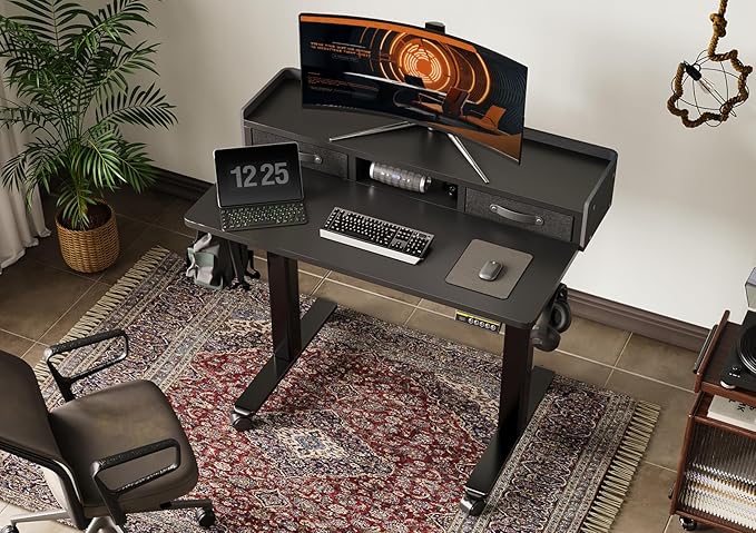 Claiks Standing Desk with Drawers, Adjustable Stand Up Electric Small Standing Desk Adjustable Height with Storage Shelf and Splice Board, 40 Inch, Black