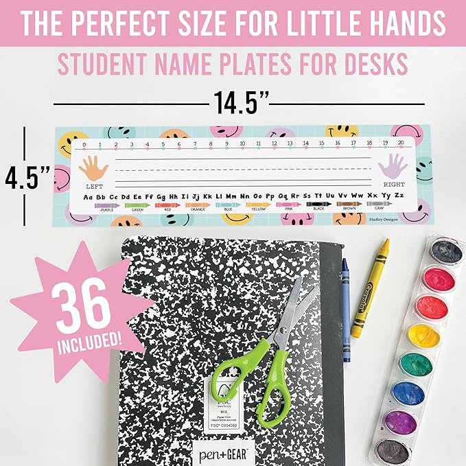 Desk Name Tags for Classroom – 36 Student Name Plates for Classroom Kindergarten, Preschool, 1st, 2nd & 3rd Grade, 14.5 x 4in Teacher Nameplates for Student Desks, Smiley Nametags
