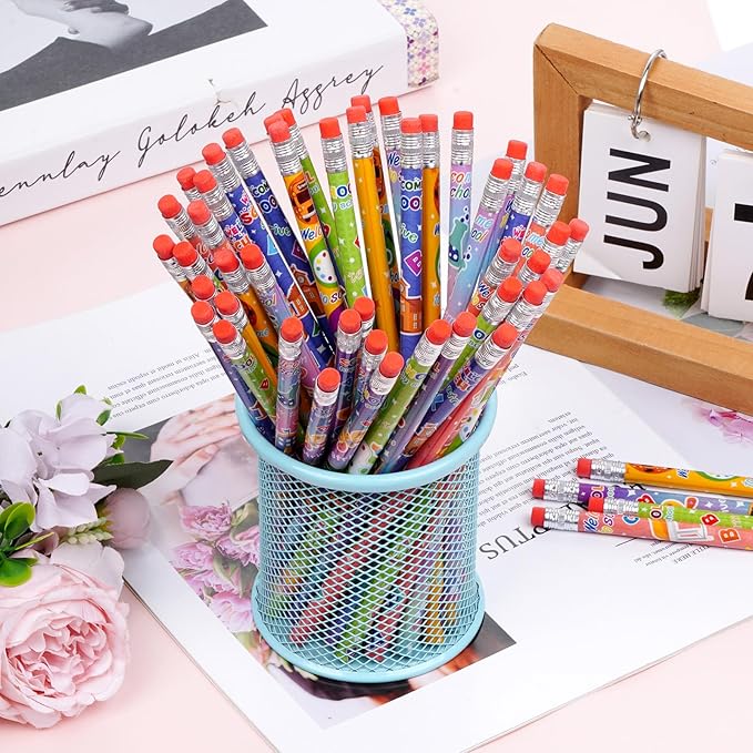 Rbenxia 48PCS Wooden Pencils with Erasers Assortment Colorful Novelty Pencils Awards Incentives for Classroom School Supplies Giveaways Party Favor (Welcom Back to School)