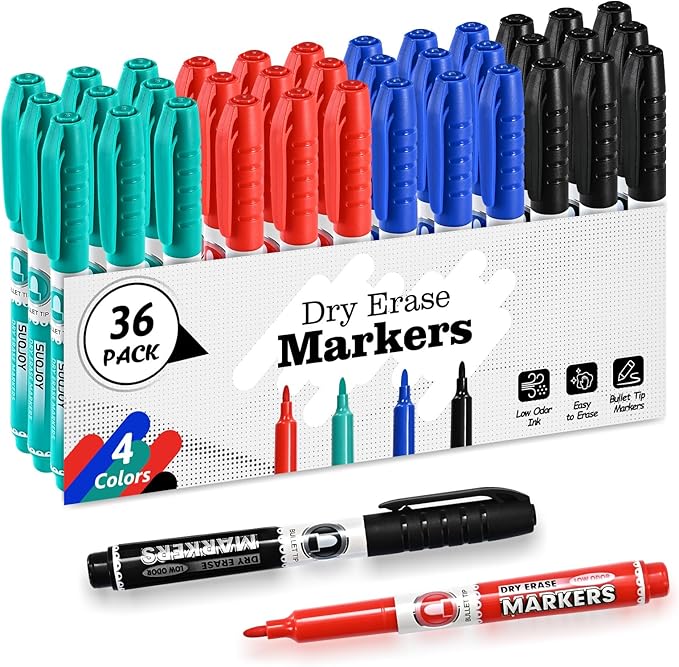 SUQJOY Dry Erase Markers, Fine Tip Whiteboard Markers, Low Odor Dry Marker, Fine Point Marker are pecfect for Whiteboard Mirrors Glass, 36 pack 4 Assorted Color Markers for School Office Home