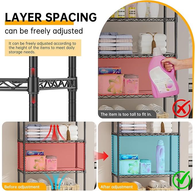 SINGAYE Shelf Closet Wire Shelving：Adjustable Metal Unit for Laundry Room Organization Bathroom Kitchen Home Storage with Wheels Pantry Rack Shelves