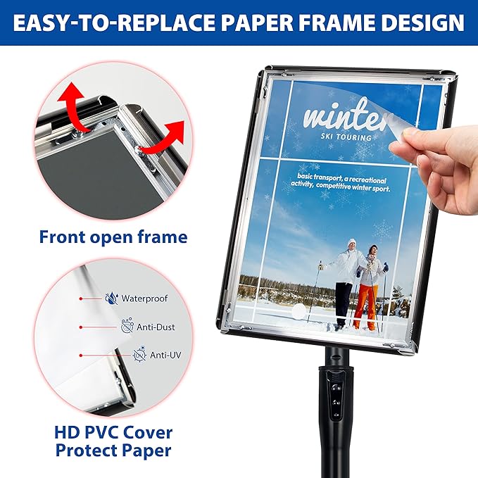 VAIIGO 6Packs 8.5x11 Inch Adjustable Pedestal Poster Sign Stand, Heavy Duty Floor Standing Sign Holder Stand Aluminum Snap Open Frame for Vertical and Horizontal View Sign Displayed(Black)