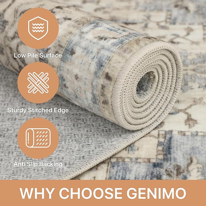 GENIMO 5x7 Area Rugs for Living Room, Machine Washable Rug, Non Slip Indoor Vintage Rug, Low Pile Lightweight Chenille Print Carpet for Bedroom Dining Room Home Office, Mint Sage