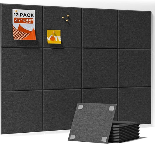 Large Cork Boards for Walls, 47"x35" Bulletin Board, 12-Pack Felt Wall Tiles with 60 Adhesive Tabs, Cork Boards for Office Decor, Felt Board Alternative Pin Board