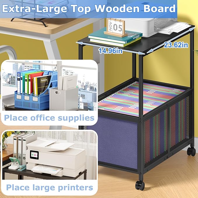 Sbanmao Rolling File Cart, Mobile Hanging File Cabinet with Wheels, Filing Cabinet Organizer Printer Stand File Organizer File Cabinet for Home Office, Black (120~150 Letter-Size Files)
