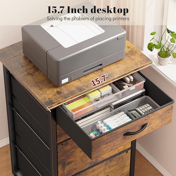 4 Drawers Mobile File Cabinet Vertical Filing Cabinet with Fabric Drawer Fits A4/Letter Size Printer Stand for Home Office，Rustic Brown