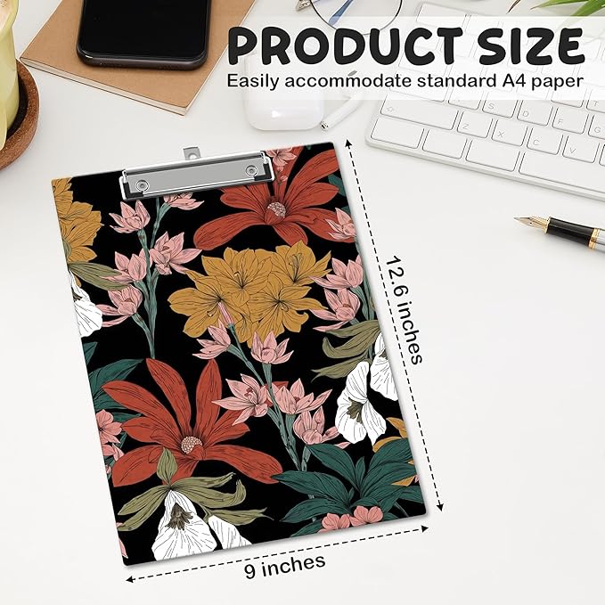 APIILVPQ Boho Clipboard，Floral Clipboards with Low Profile Clip for Office School Use, Botanical Wooden Clip Boards for Nurses Teachers Students - A01