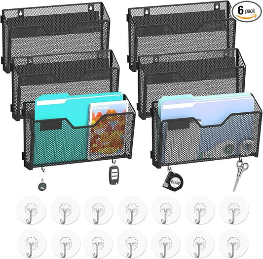 SUPEASY Magnetic File Holder, 6 Pack File Folder Organizer, Wall File Organizer, No Drilling Paper Document Holder & Binder Holder for Home / Office (with Label Panel, 14 * Adhesive Wall Hook)