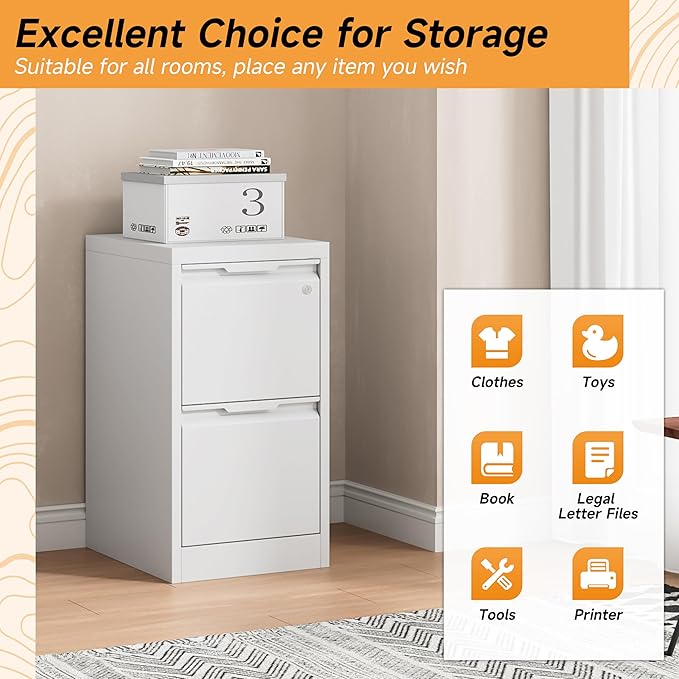 Bestoo 2-Drawer File Cabinet with Lock, Metal Filing Cabinet for Home Office, Vertical Filing Storage Cabinets, Fits File Folders, Letter/Legal/F4/A4 Size, Assembly Required (White)