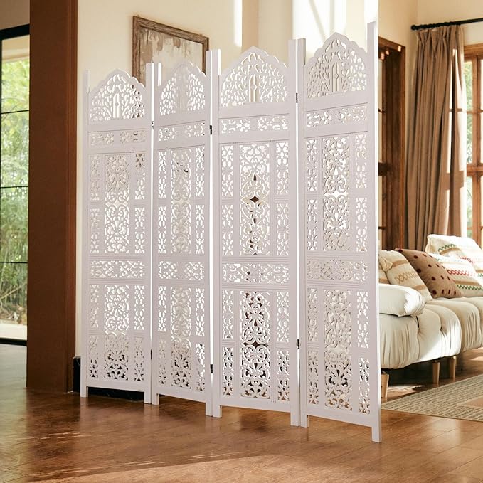 5.75Ft Room Divider Wood Screen, 33Lbs Durable Antiqued Style MDF Carved Headboard, Reversible Freestanding Folding Partition Paravent for Home Office, 69 * 71 inch(H*W) - 4 Panels (Rustic White)