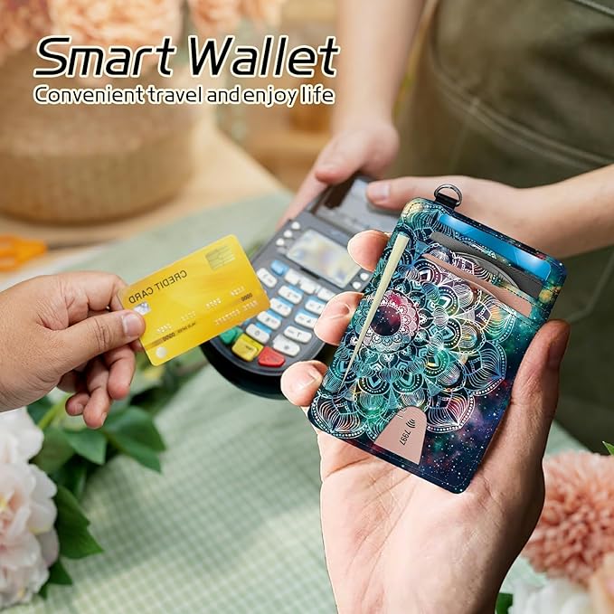 BWEGRHE Small Travel Wallets, Art Mandalas Slim Minimalist Front Pocket Wallet with Wristlet, RFID Blocking PU Leather Credit Card Holder with ID Window Change Purse for Men Women