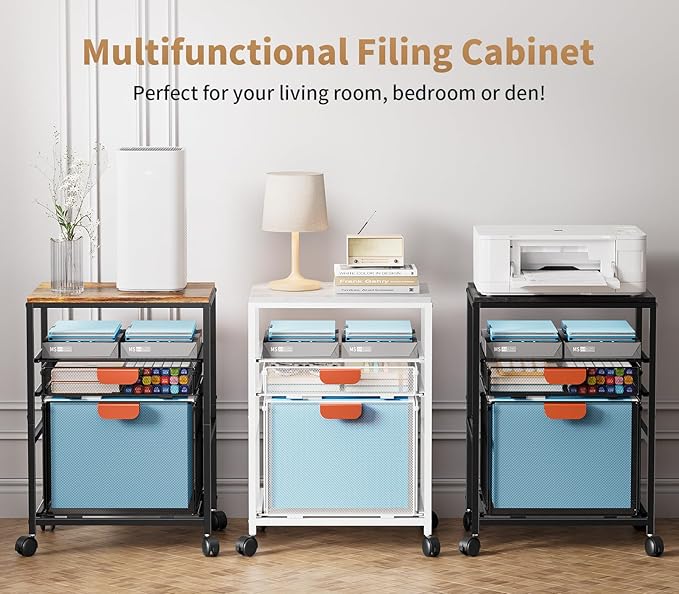 Marbrasse Rolling file cabinet with Handle, Mobile File Cabinet on Lockable Wheels, Office Filing Cabinet Organizer, Printer stand with Hanging File Folder Organizer for Home Office - Black