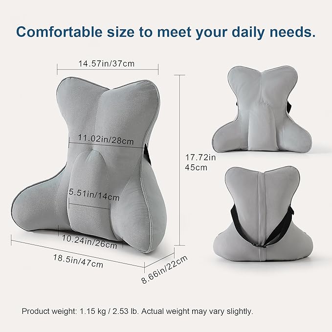 Ailuteie Lumbar Support Pillow(Pat. Pend) – Multi-Functional Ergonomic Back Cushion for Office Chair, Car Seat & Sofa, Reading Pillow with Firm Multi-Zone Support to Relieve Lower Back Pain,Zinc Gray
