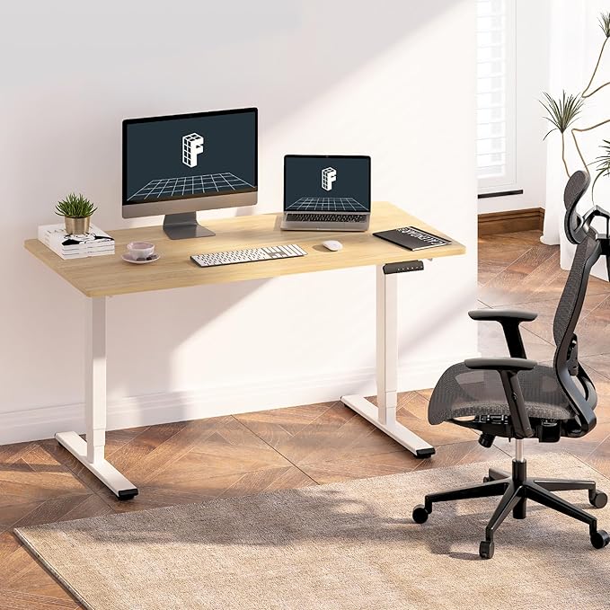 FLEXISPOT E6 3-Stage Dual Motor 60 x 24 Electric Standing Desk Sit Stand Up Desk, Holds 220 lbs, Adjustable Height w/Memory Presets, One-Piece Maple Desktop & White Frame, Ships in 2 Boxes