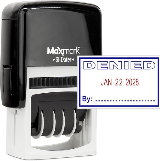 MaxMark Office Self Inking Date Stamp with Phrase Denied - 2 Color Blue/Red Ink