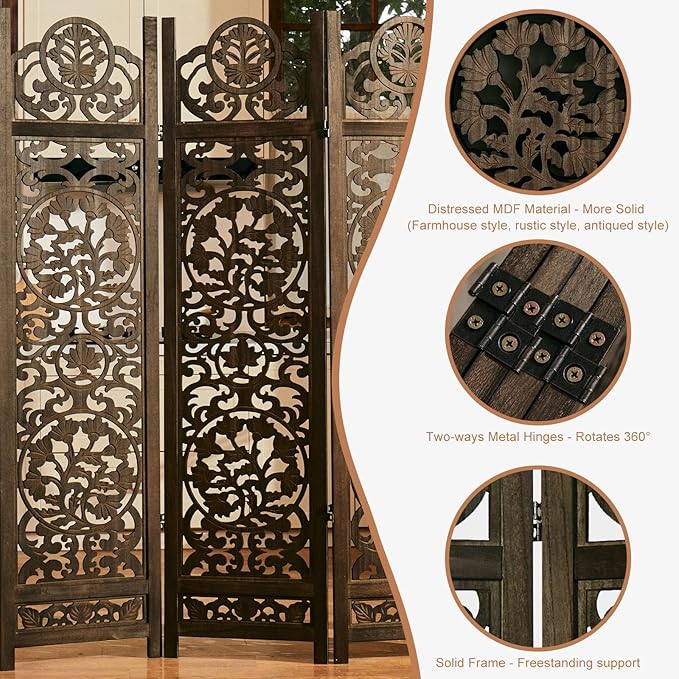 5.75Ft Room Divider Wood Screen, 33Lbs Durable MDF Carved Rustic Style Headboard, Reversible Freestanding Folding Partition Paravent for Home, 69 * 71 inch(H*W) - 4 Panels (Antique Brown)