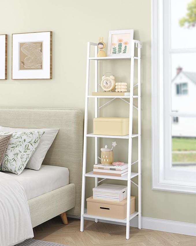 Hzuaneri Ladder Shelf, Bookshelf Bookcase, Freestanding Corner Storage Shelve with 2 Hooks for Home Office, Living Room, Kitchen, Bedroom, Industrial, 11.8" D x 17.3" W x 63" H, White BC19213W