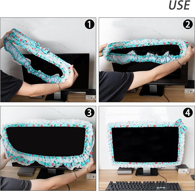 Kingshion 24-inch Cute Lace Fabric Monitor Cover with Elastic Pen Pocket & Bow-knot Design, Dust Protector for Computer/TV/LCD Screens - Blue
