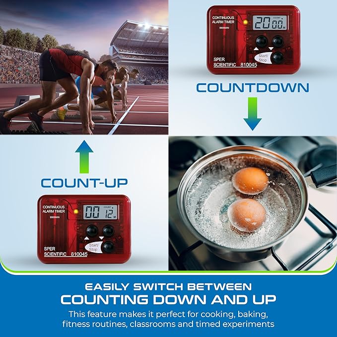 Sper Scientific Continuous Alarm Timer with Count Up Count Down & Visual Indicator 810045 - Bright LED Alarm & 9999-Minute Range - Portable Design for Cooking, Experiments, Fitness & More