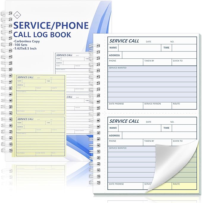 100 Sets Service Call Log Book 5 5/8 x 8 1/2" 2 Part Carbonless 2 Message Sets per Page Phone Call Log Book Phone Message Book Invoice Receipt Book for Repair Service (1)