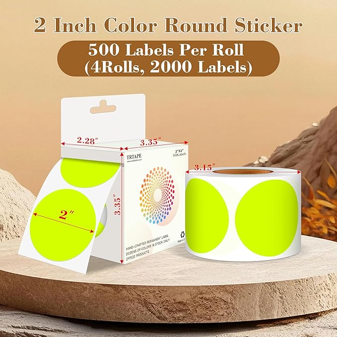 2 Inch Color Coding Round Labels (2000Pcs, 4 Rolls) - Round Colored Dot Stickers for Inventory, Pantry, Warehouse Organization - Fluorescent Yellow Circle Dot Labels