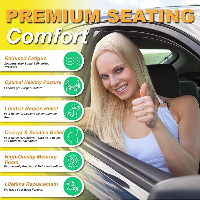 kingphenix Car Seat Cushion with Lumbar Support Pillow: Enhanced Comfort Memory Foam Design for Pain Relief, Ideal for Drivers and Office Use - Ergonomic Lumbar Comfort for Long Sitting - Gray