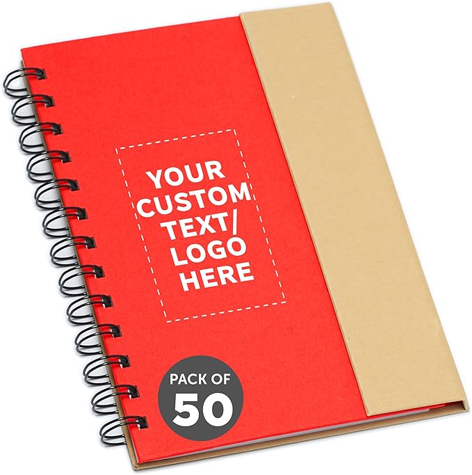 DISCOUNT PROMOS Custom Eco Friendly Spiral Notebooks with Pens Set of 50, Personalized Bulk Pack - Perfect for School, Office, Home - Red