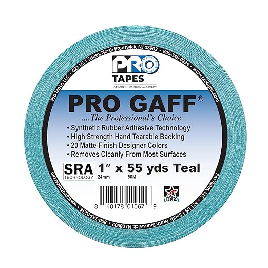 1" Width ProTapes Pro Gaff Premium Matte Cloth Gaffer's Tape With Rubber Adhesive, 11 mils Thick, 55 yds Length, Teal (Pack of 1)