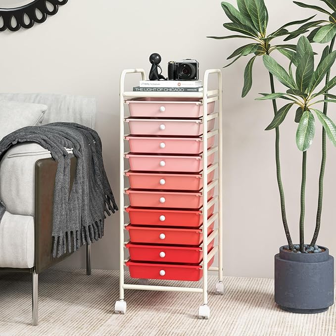 GLACER 10 Drawers Rolling Cart, Storage Cart with w/Removable Drawers & Steel Frame, Utility Mobile Trolley w/Universal Casters & 2 Brakes, Organizer Cart for Home, School, Office (Gradient Pink)