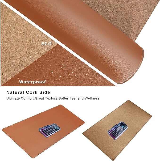 Mydours Cork & PU Leather Desk Mat, 48" x 20" Large Gaming Mouse Pad XXXL, Dual-Sided Portable Desk Pad Blotter, Keyboard Computer Desktop Protector for Office Home (Brown)