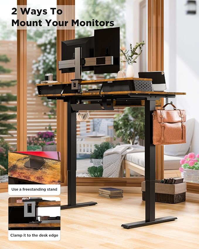 FiCiHi Electric Standing Desk with Four Drawers, Adjustable Height Sit Stand Desk, C-Clamp Compatible Home Office Desk with Storage Shelf & Monitor Stand Riser, 48 x 24 Inch, Rustic Brown
