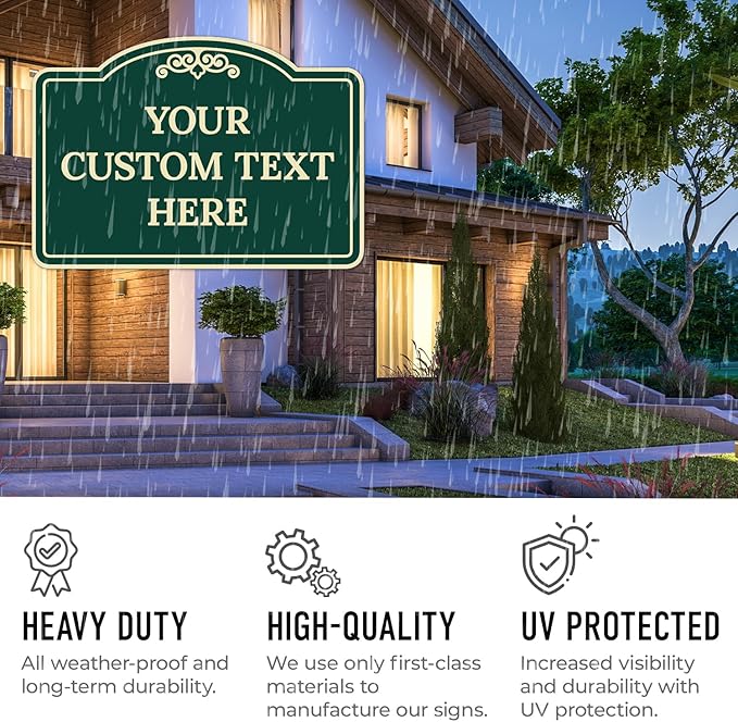 Custom Decorative Sign, Personalized Metal Sign for Business, Driveway, Home, Airbnb, Office Door Plaque, Green Background Sign 7x10 Inches, ACM, Fade Resistant, Made in USA by Sigo Signs