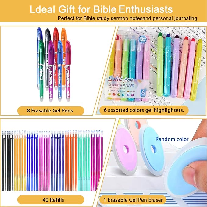 ZAYSWDNS 55 Pcs Bible Journaling Kit With 6 Gel Highlighters 8 Colorful Erasable Gel Pens and 40 Refills & 1 Erasable Gel Pen Eraser,No Bleed, for Bible Study Journaling Planner Notes School Supplies
